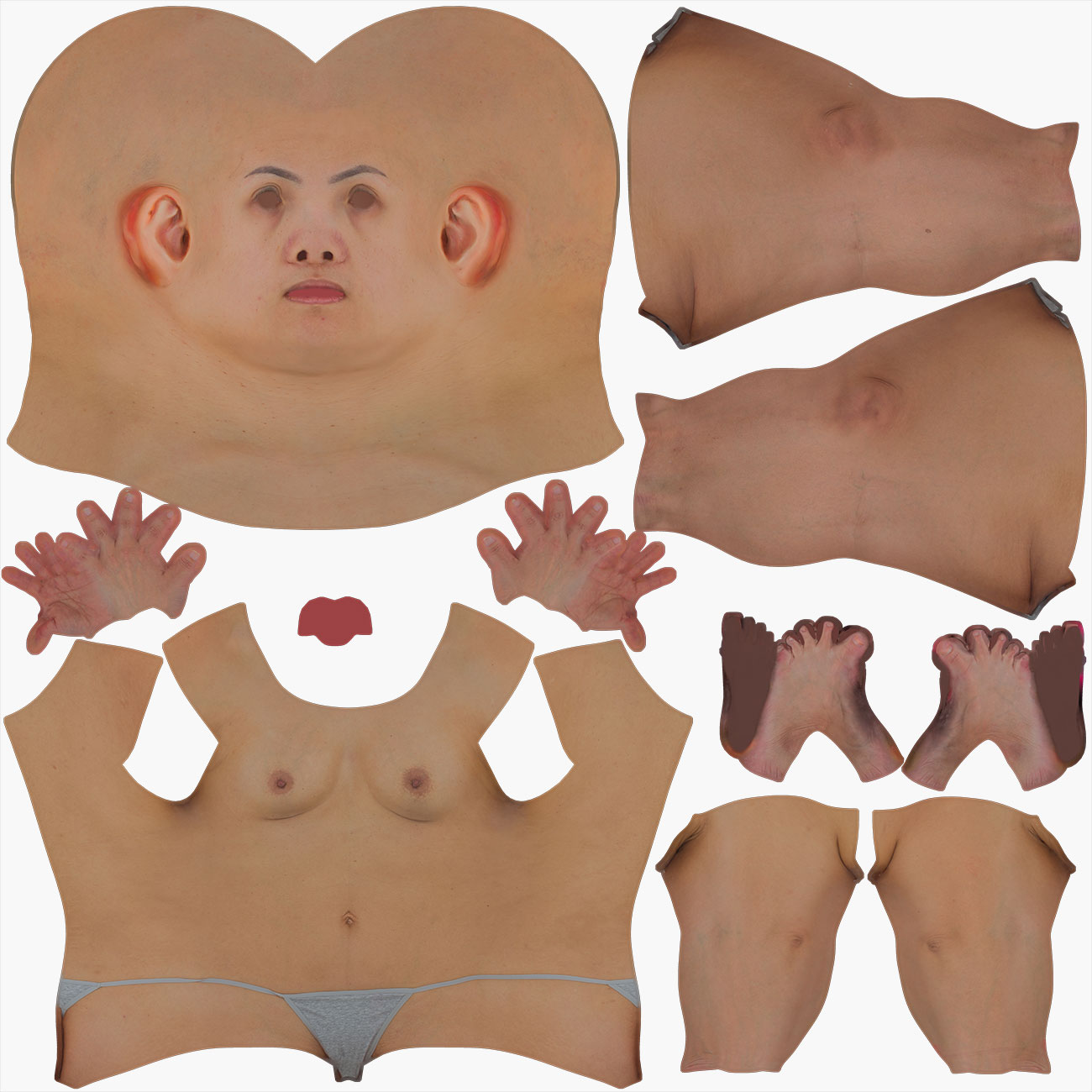 Unwrapped UV map layout for a female 3D body scan showing low-distortion texture coordinate arrangement